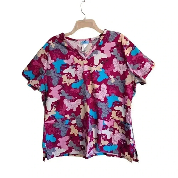 SB Scrubs Scrub Top  Large L Pink Mulberry Maroon Turquoise Grey Butterflies - Picture 1 of 4